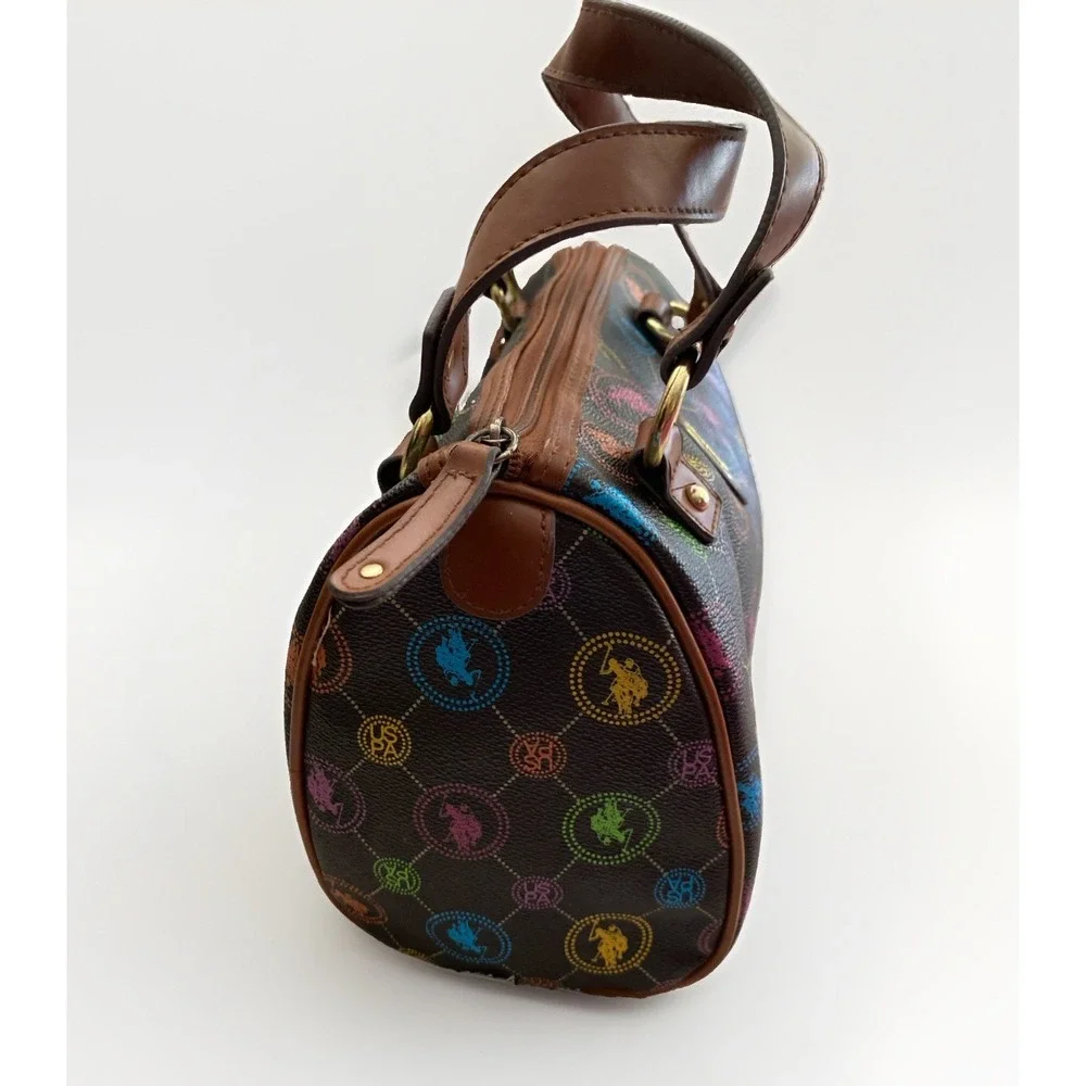 U.S. POLO ASSN. Brown Multicolor Monogram Boston Satchel Handbag Y2K